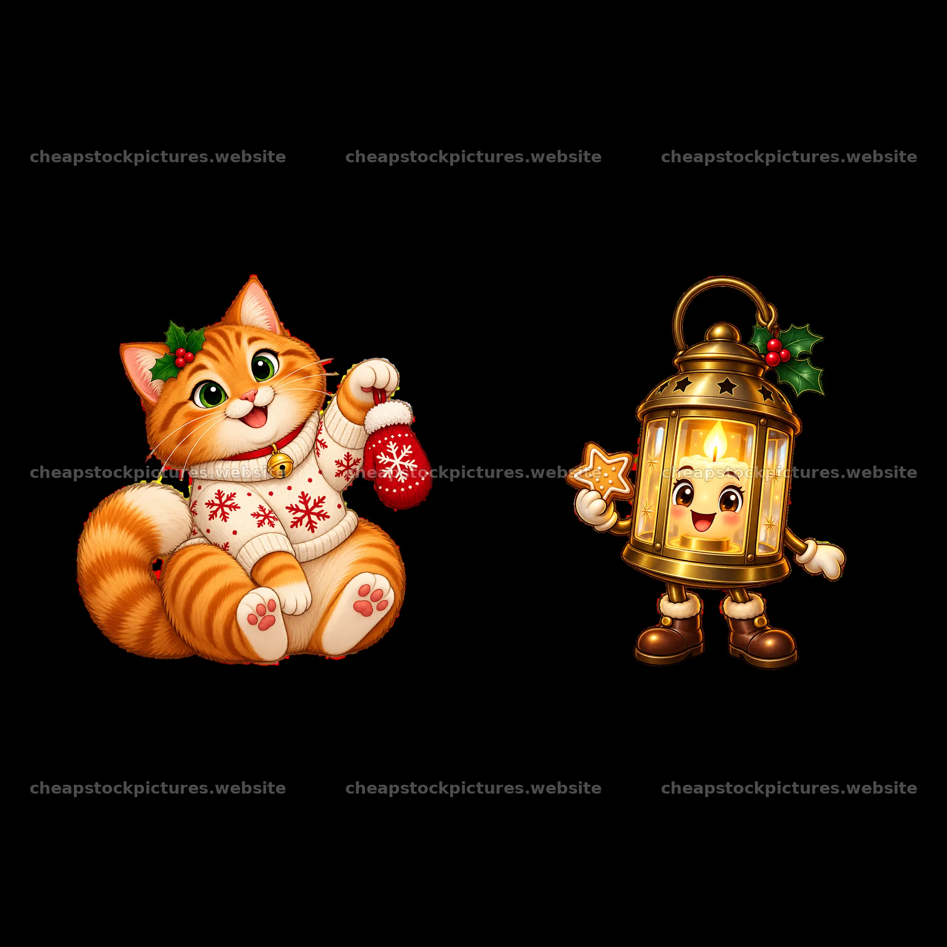 Cat with Christmas sweater and lantern sticker for holiday season – stock pictures 7746x7746