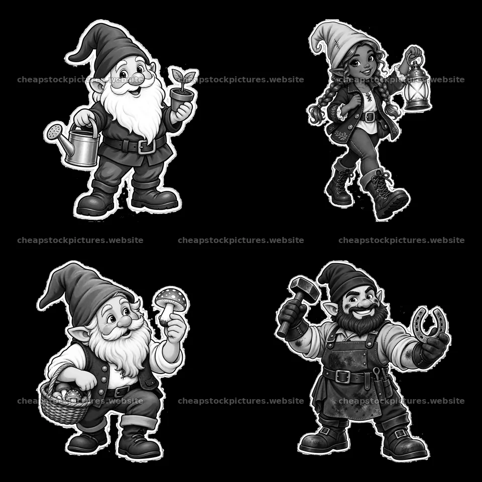 Four gnome cartoon stickers with various activities in black and – stock pictures 7746x7746