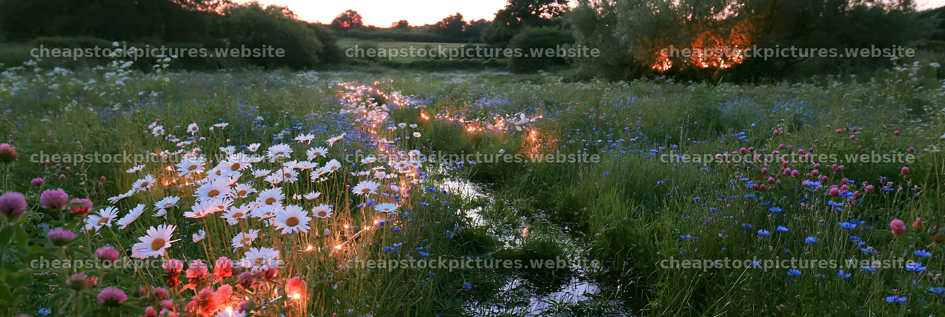 Christmas lights beside stream in meadow at dusk – stock pictures 13690x4602