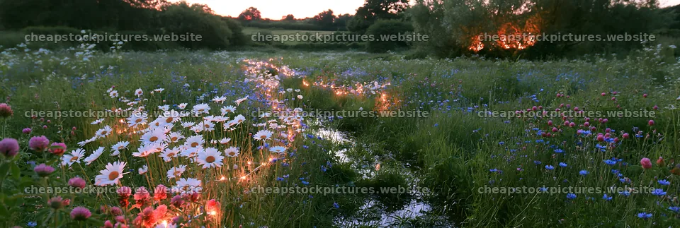 Christmas lights beside stream in meadow at dusk – stock pictures 13690x4602