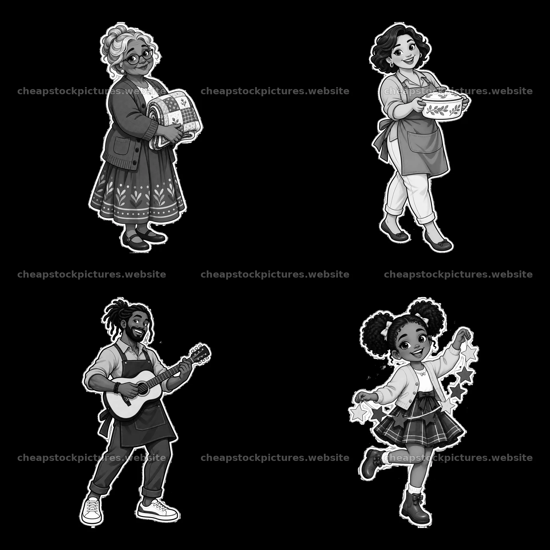 Traditional family activities in a monochrome cartoon style – stock pictures 7746x7746
