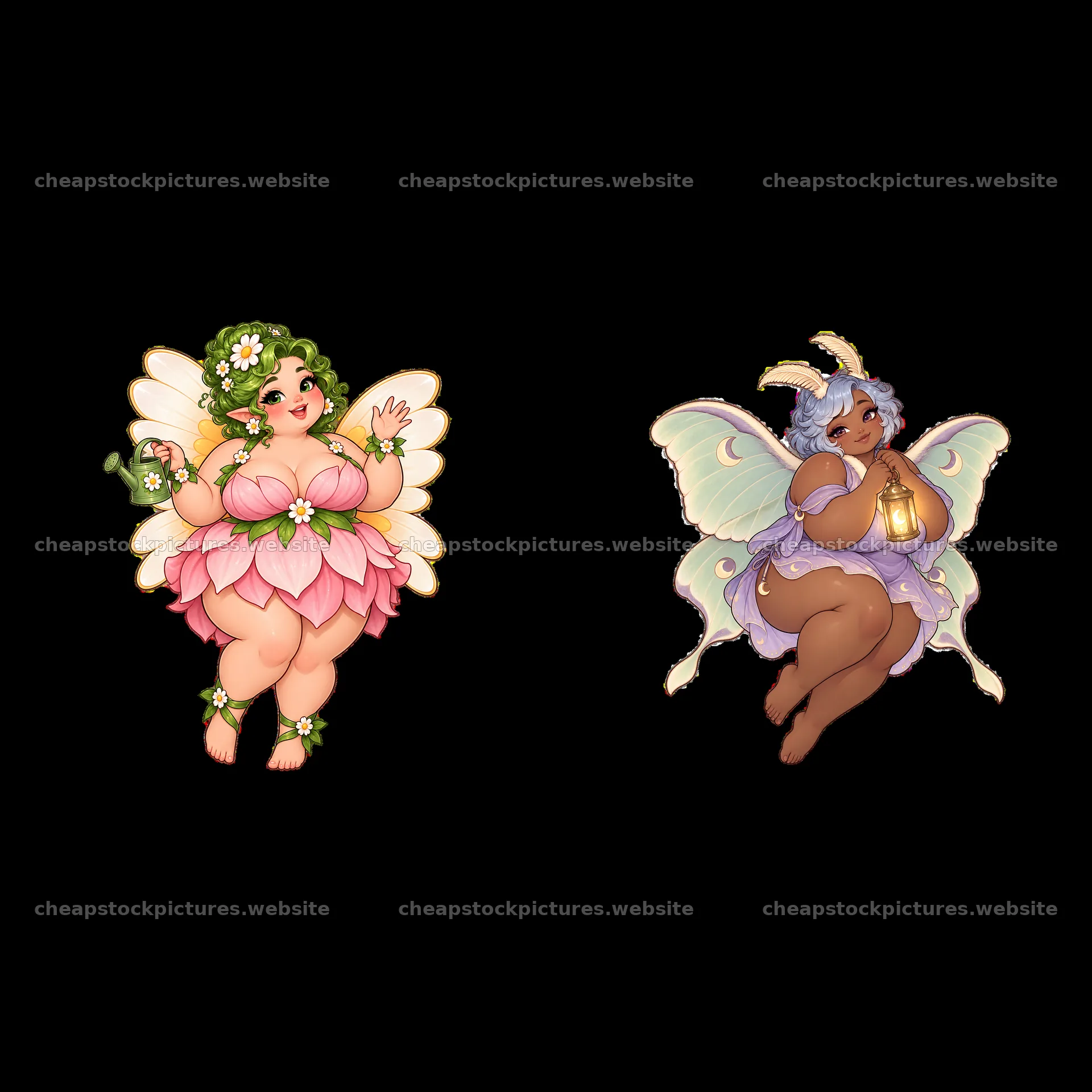 Kawaii ultra-fat fairies in flower and butterfly designs – stock pictures 7746x7746