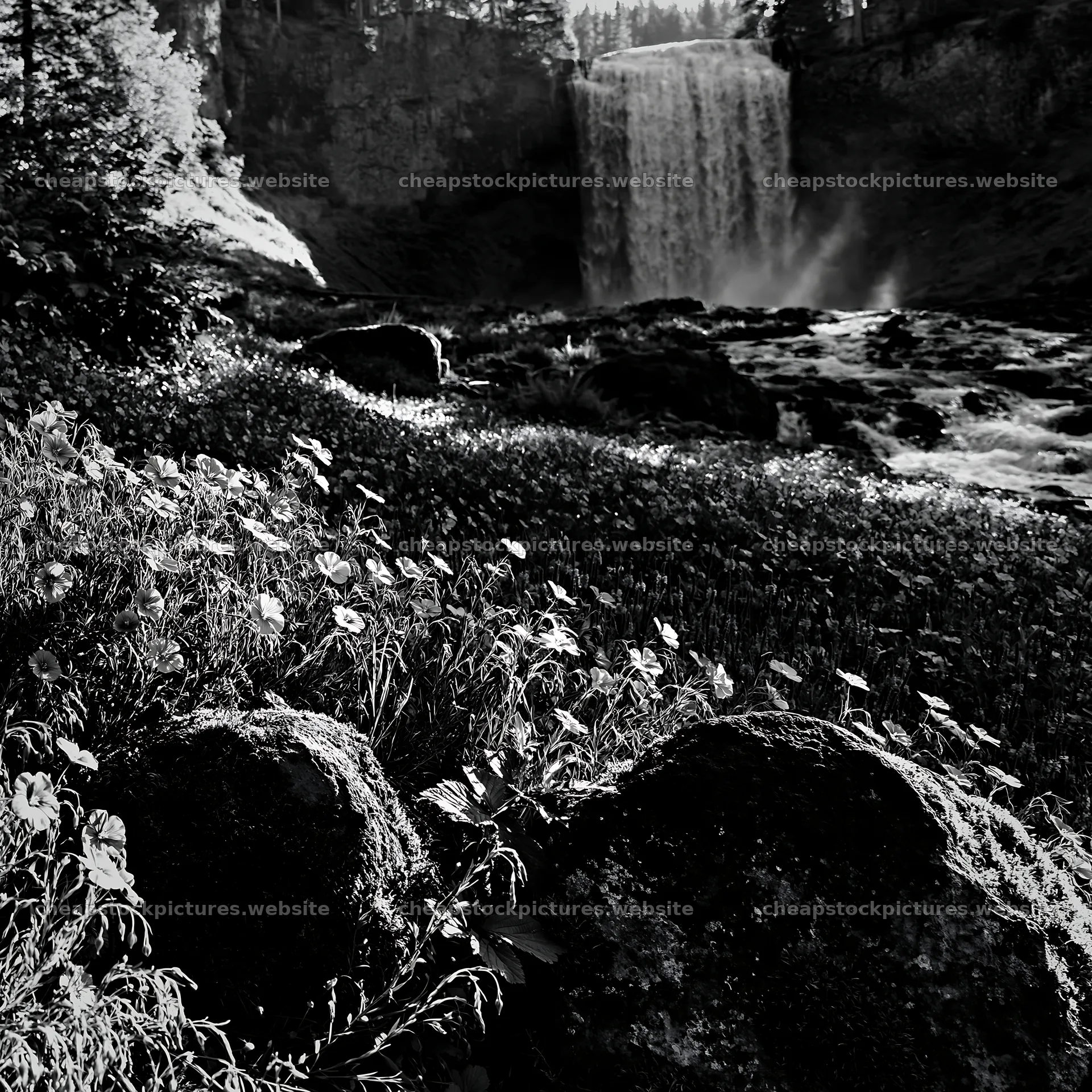 Wildflower meadow under cascading water with rocks – stock pictures 7938x7938