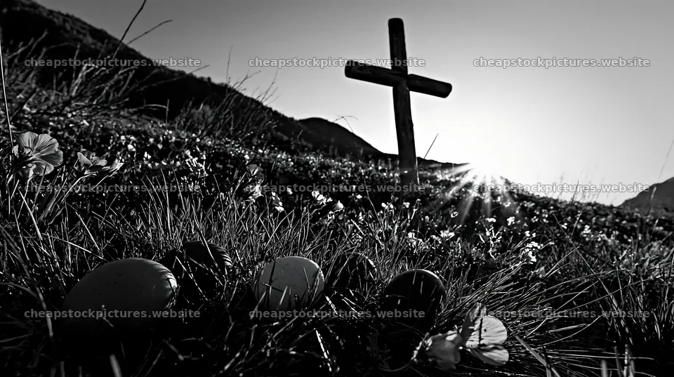 Christian cross in summer meadow with backlight and flowers – stock pictures 10608x5938