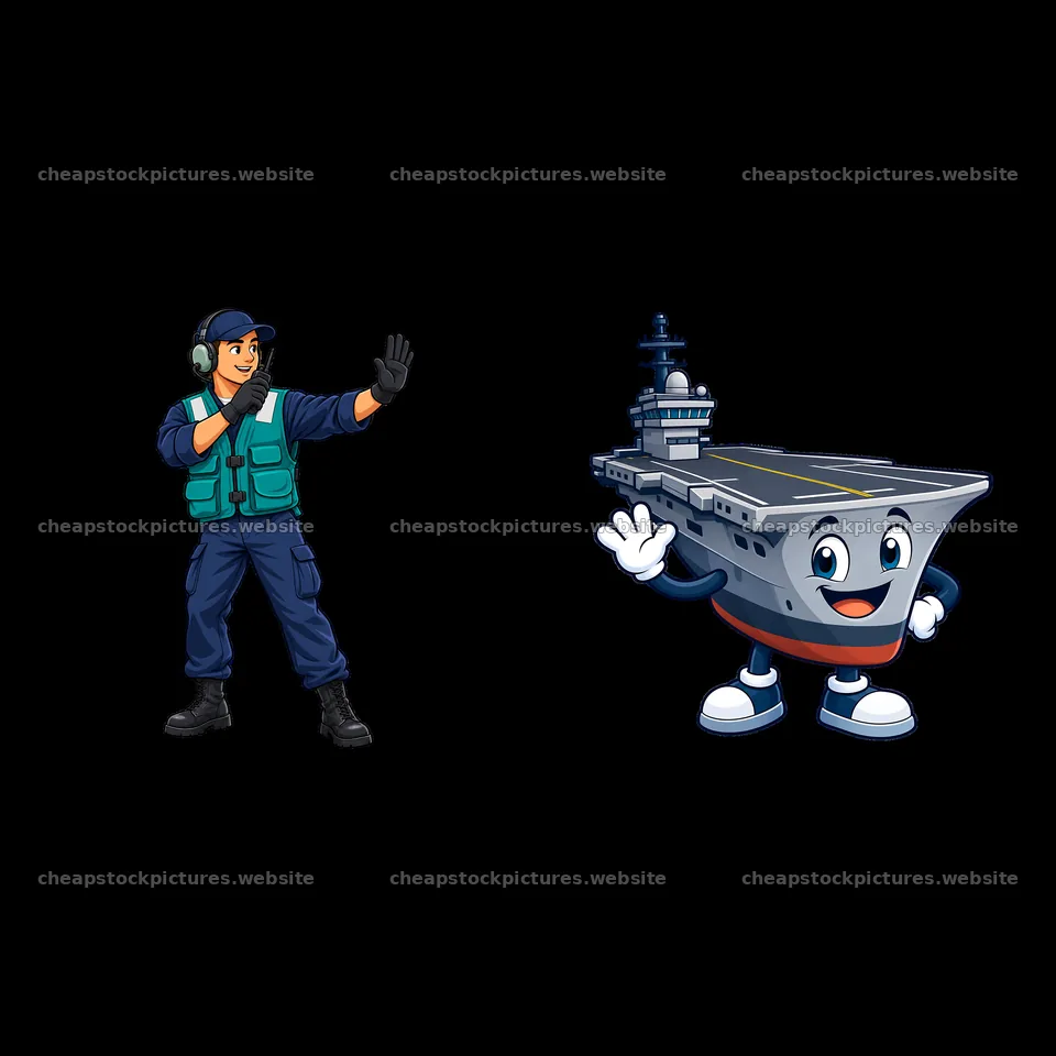 Cartoon character and aircraft carrier sticker pair – stock pictures 7746x7746