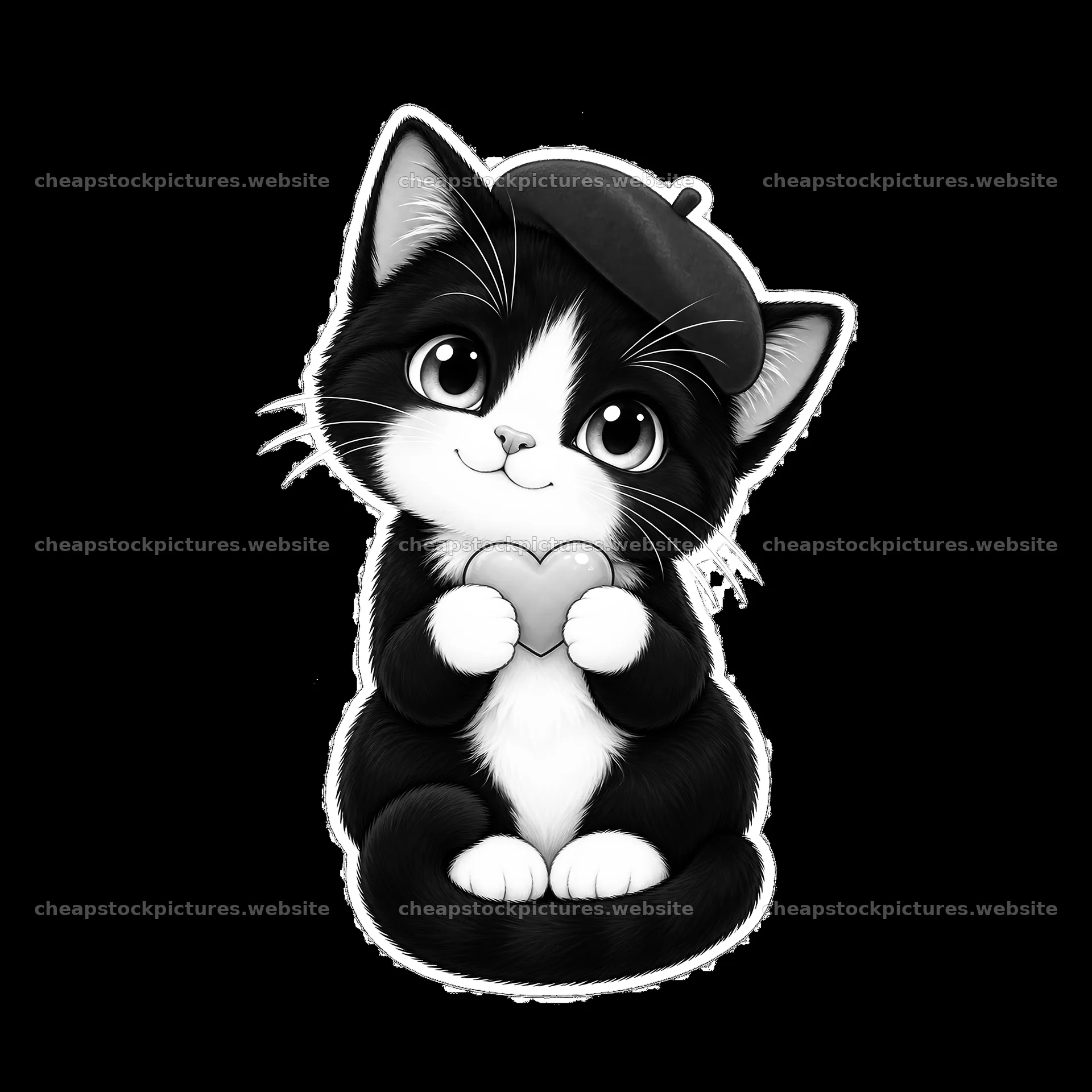 Kawaii black and white cat holding a heart in a beret – stock pictures 7746x7746
