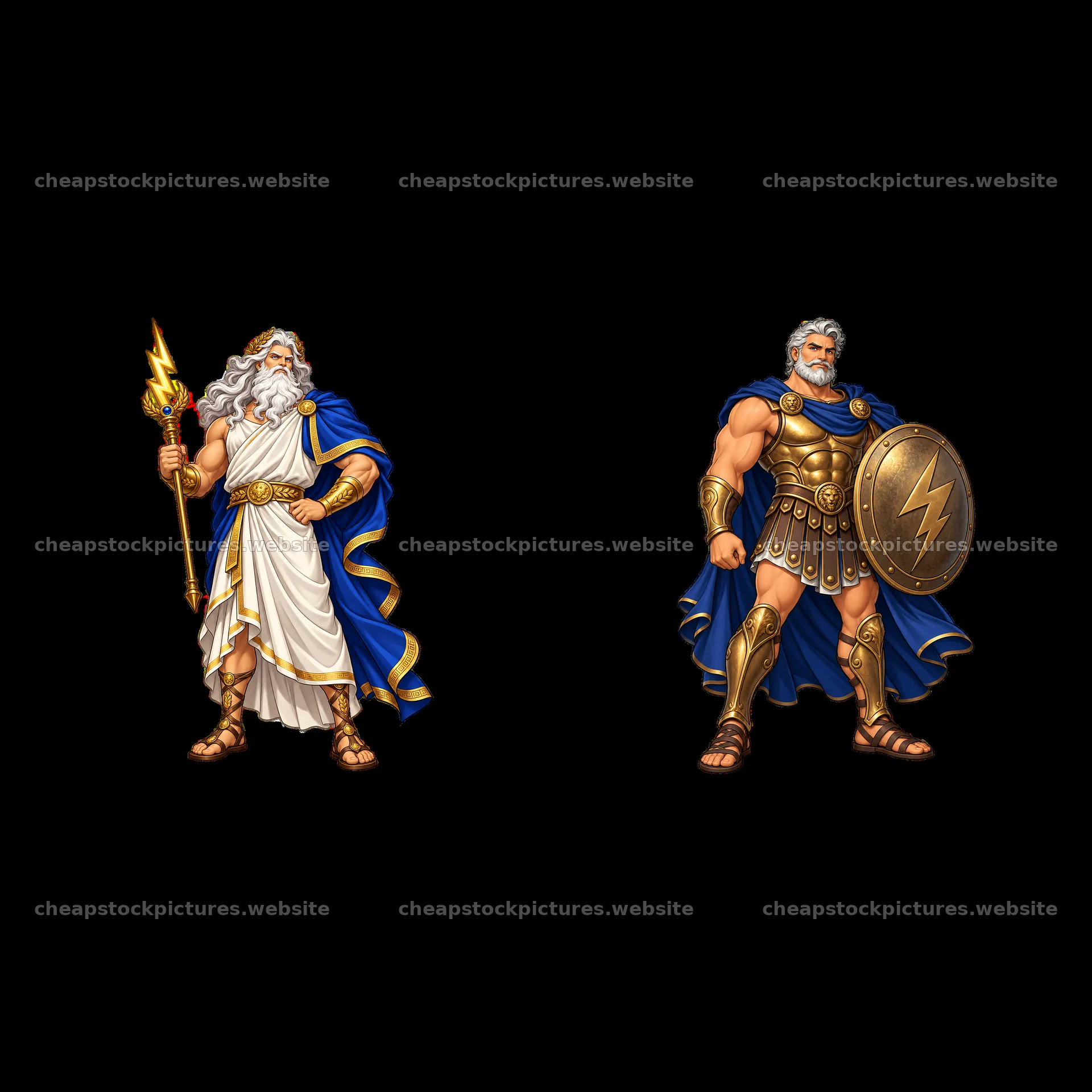 Zeus with lightning bolt and armored figure holding shield – stock pictures 7746x7746