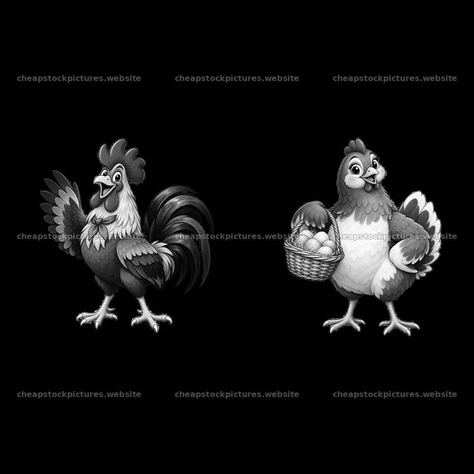 Rooster crows while hen holds basket of eggs in farm setting – stock pictures 7746x7746