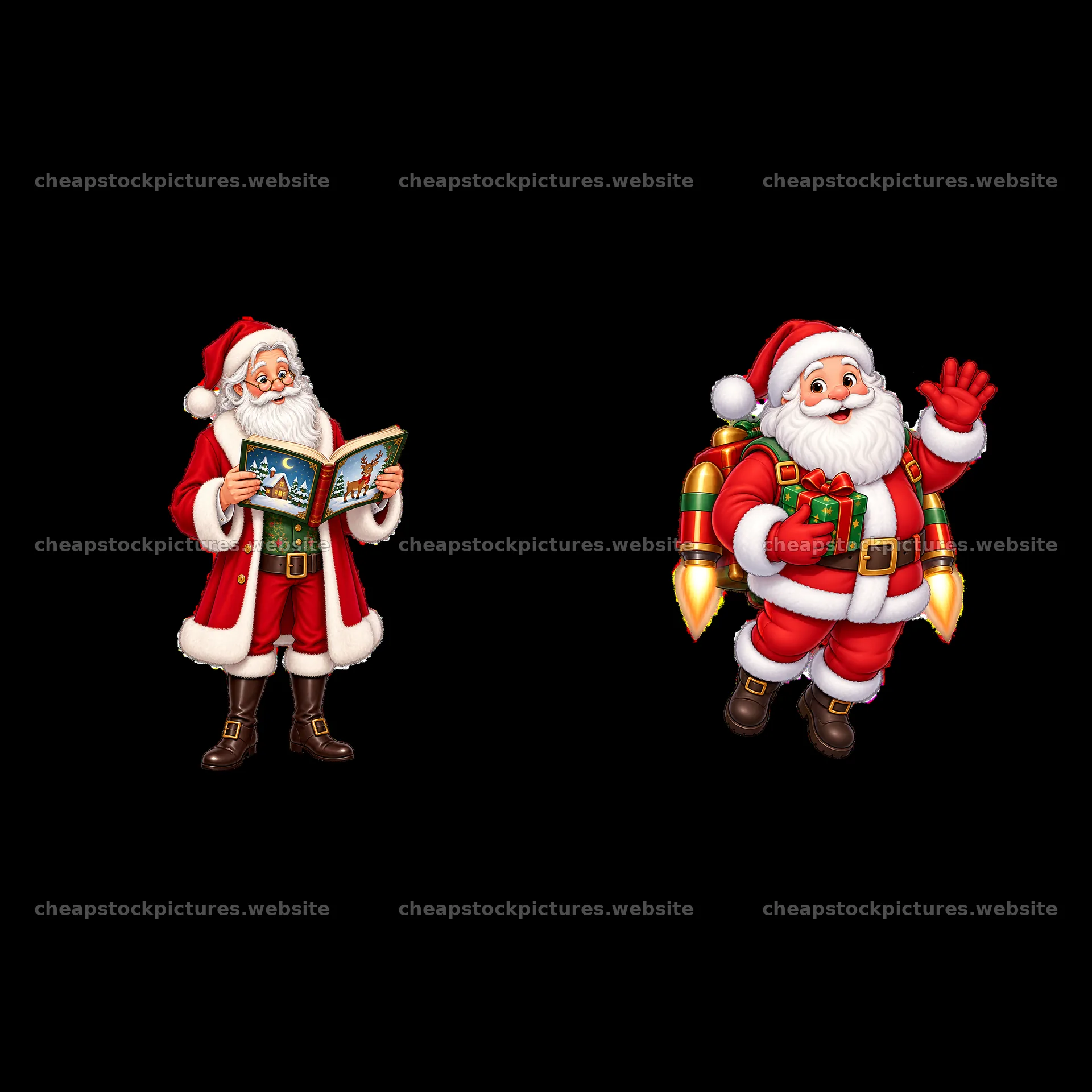 Santa Claus reading a book and waving with a jetpack – stock pictures 7746x7746