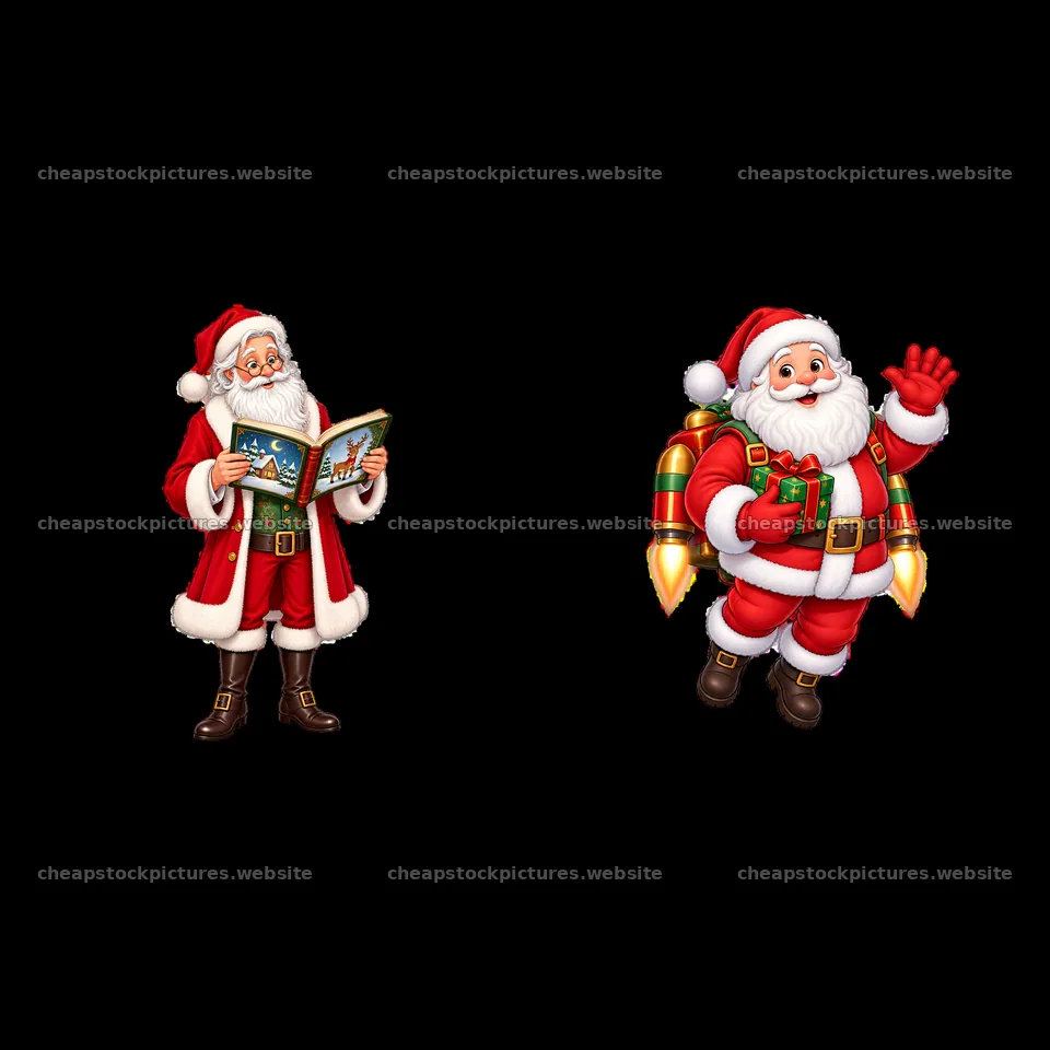 Santa Claus reading a book and waving with a jetpack – stock pictures 7746x7746