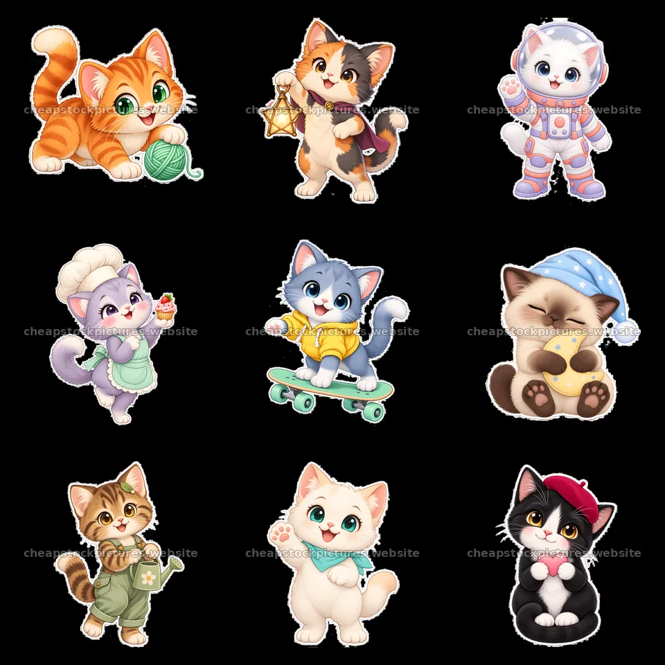 Kawaii cat sticker set with playful activities and colors – stock pictures 7746x7746