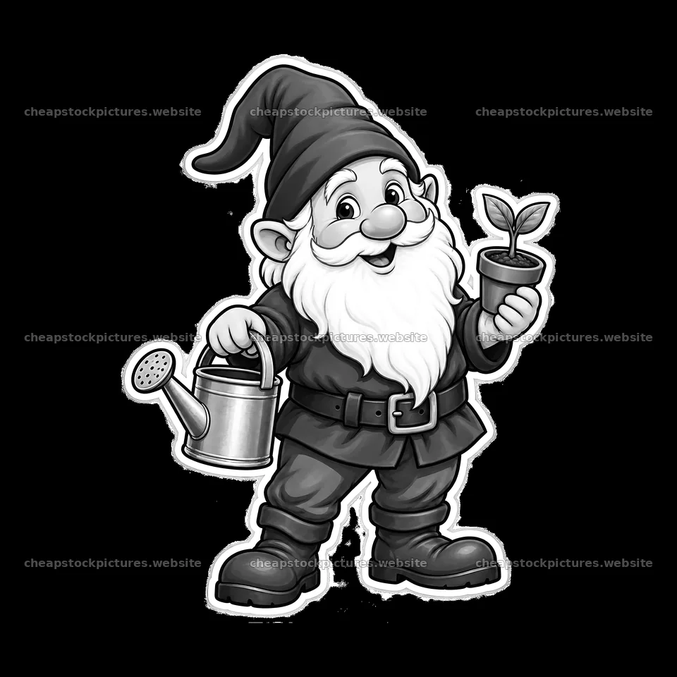 Gnome holding a plant and a watering can in gardening stance – stock pictures 7746x7746
