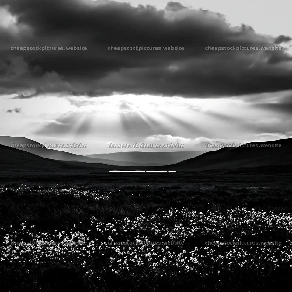 Crepuscular rays meadow with clouds and distant mountains – stock pictures 7938x7938