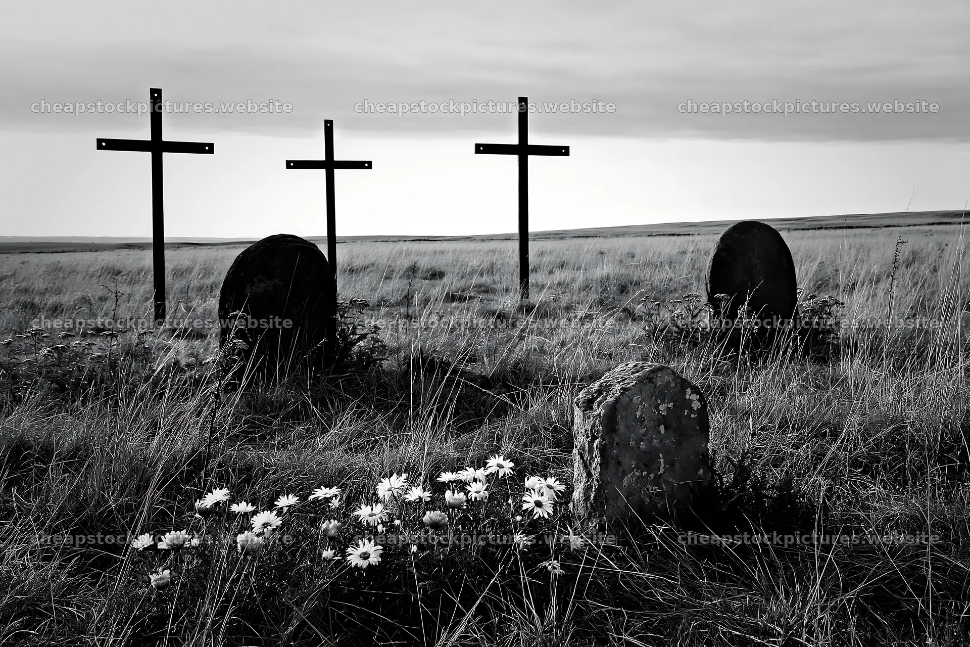 Four Christian crosses in a winter meadow – stock pictures 9722x6480