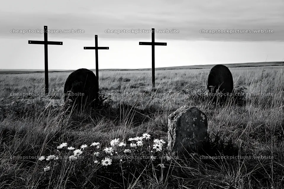 Four Christian crosses in a winter meadow – stock pictures 9722x6480
