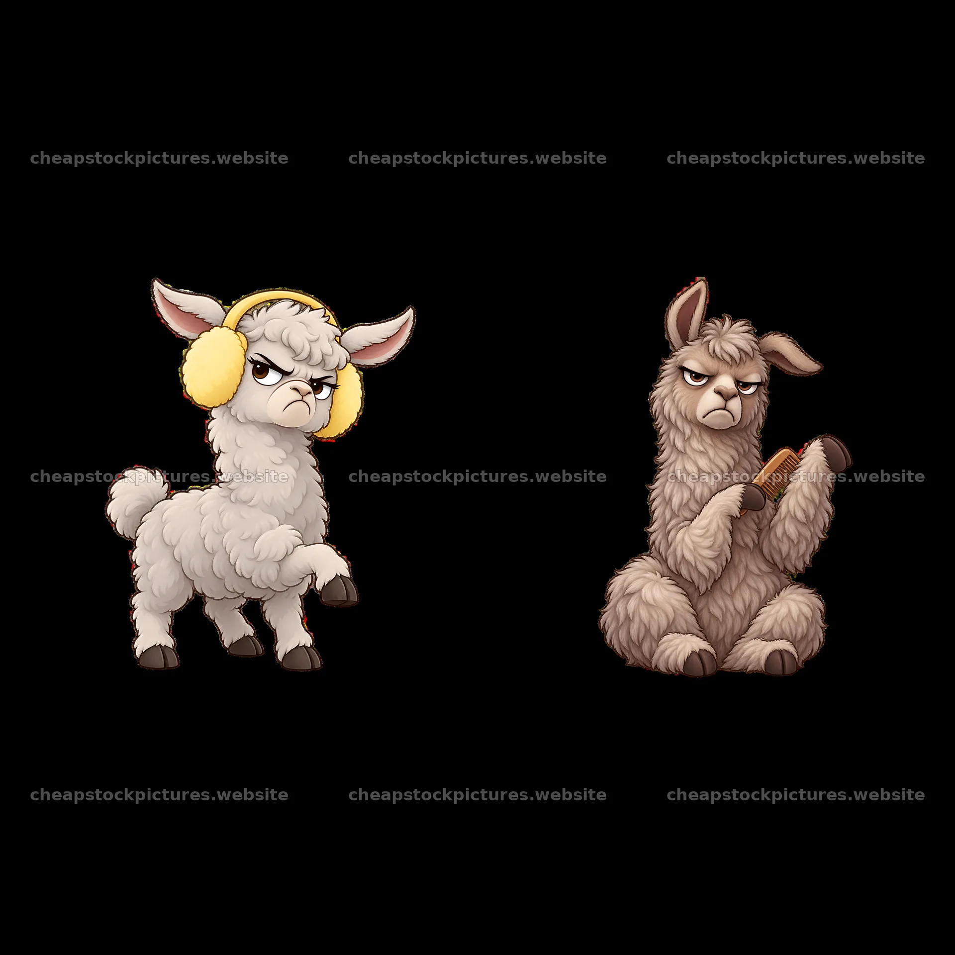 Grumpy llamas with headphones and comb in a pair illustration – stock pictures 7746x7746