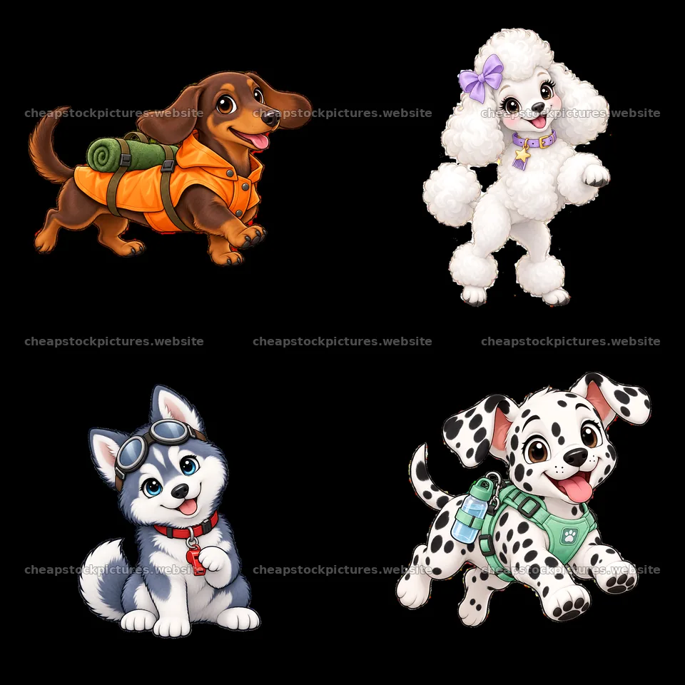 Cute K-9 dogs in a 2x2 grid with adventure gear and accessories – stock pictures 7746x7746