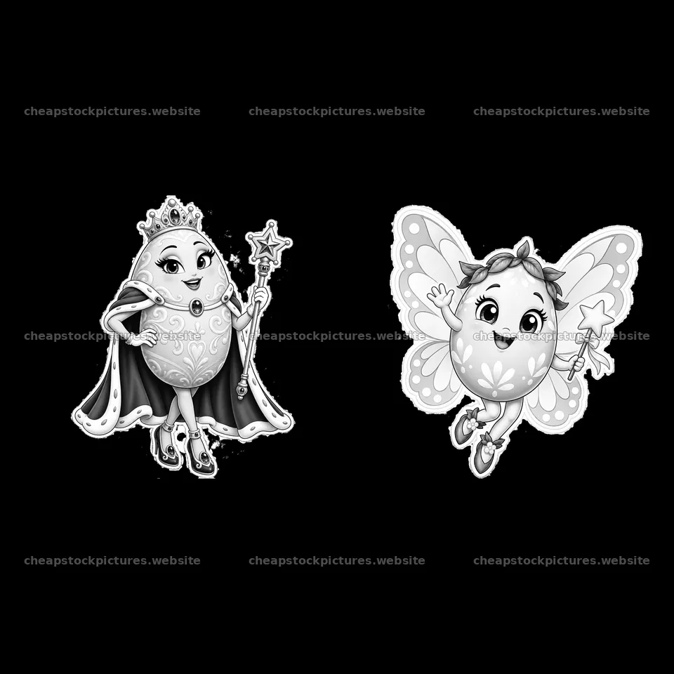 Easter egg characters with a queen and a butterfly figure – stock pictures 7746x7746