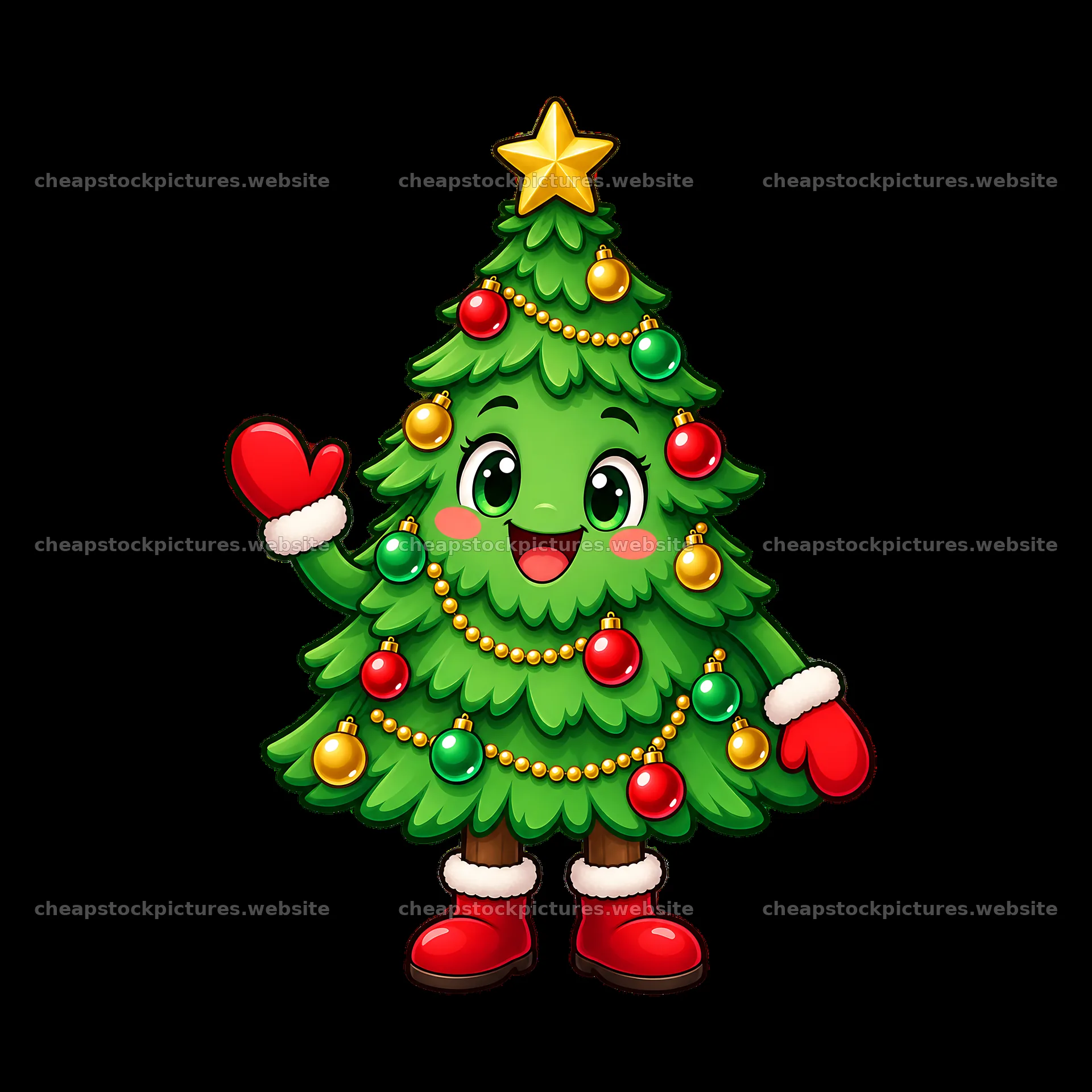 Cheerful cartoon Christmas tree character with decorations – stock pictures 7746x7746