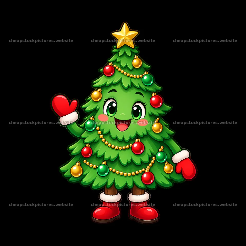 Cheerful cartoon Christmas tree character with decorations – stock pictures 7746x7746