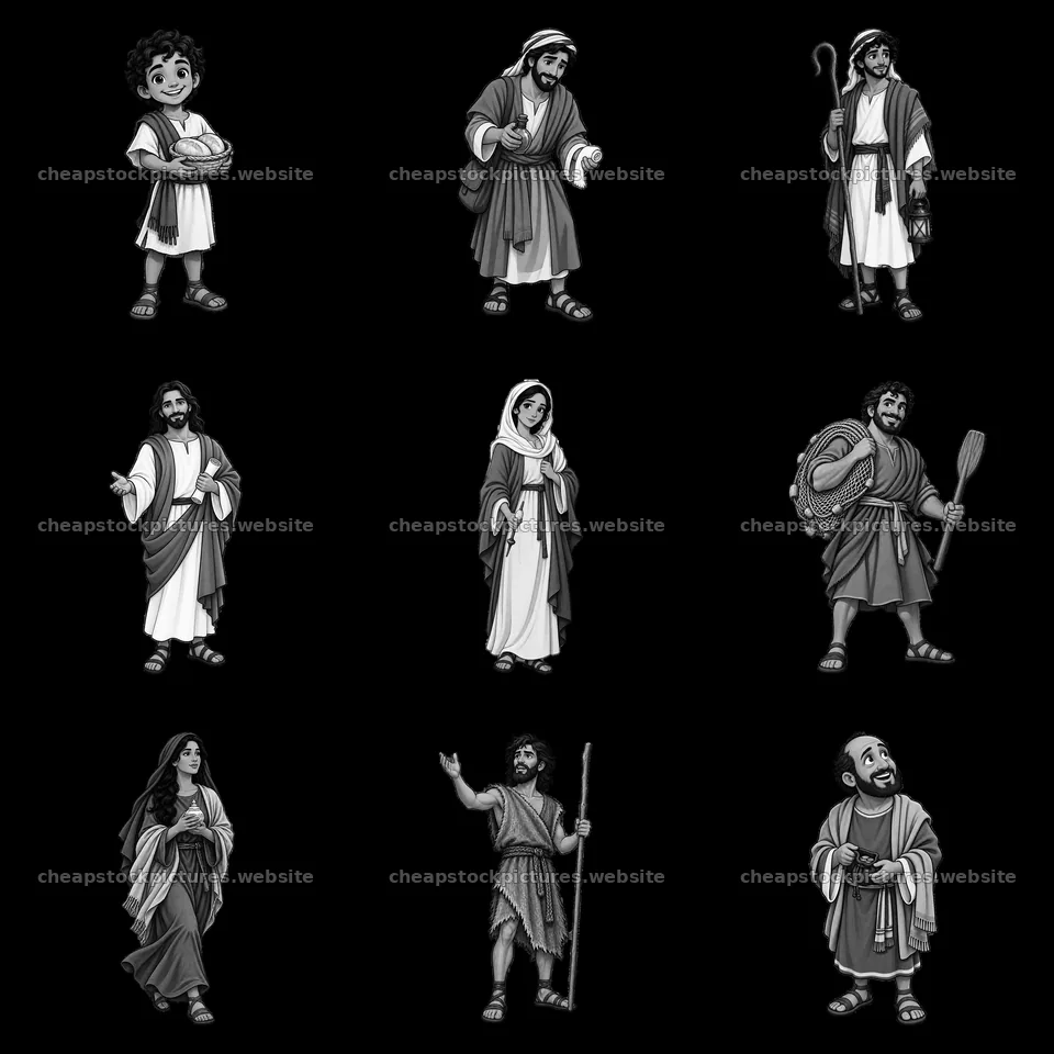 Cartoon characters depicting Biblical figures in monochrome style – stock pictures 7746x7746