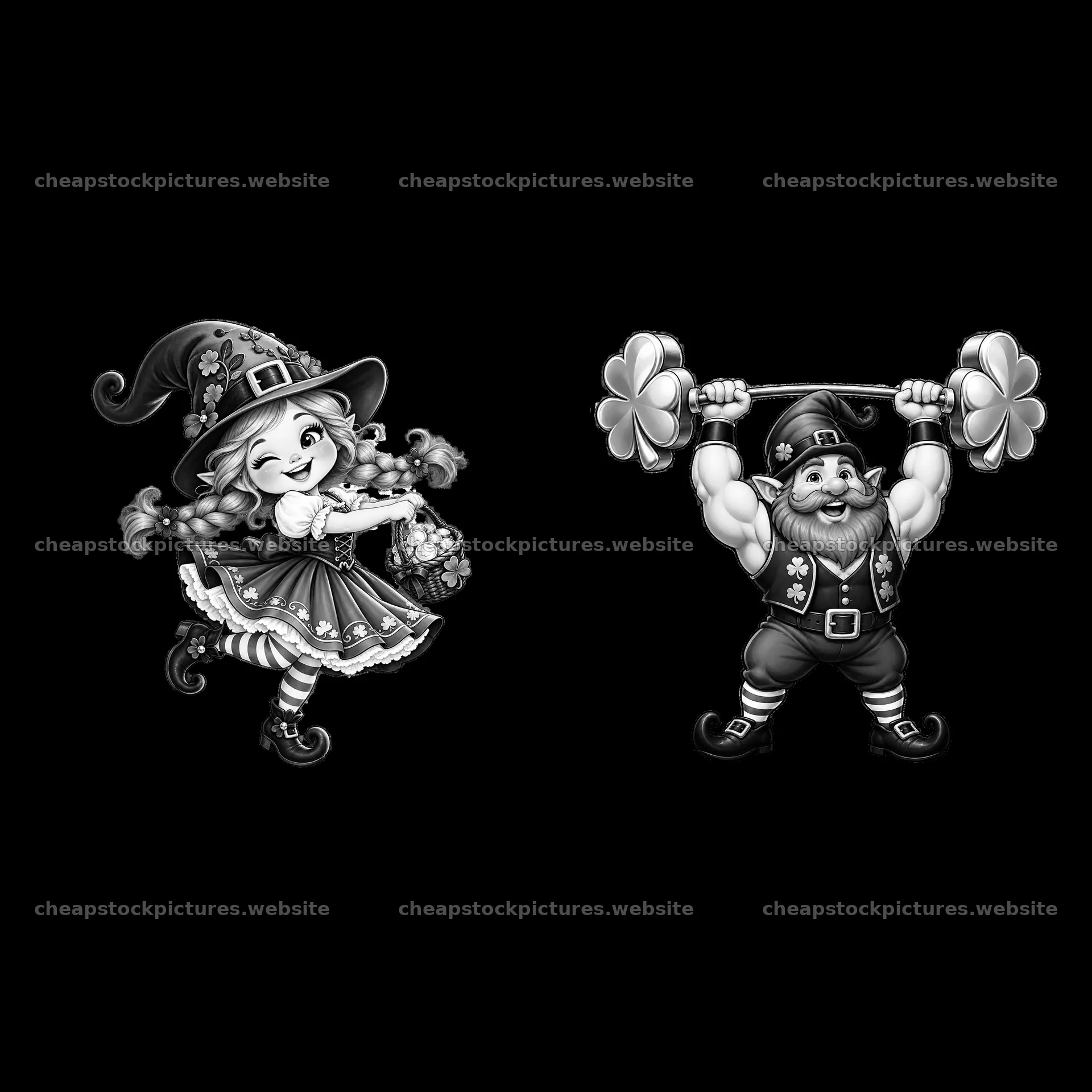 St. Patrick's Day gnome characters with flowers and weights – stock pictures 7746x7746