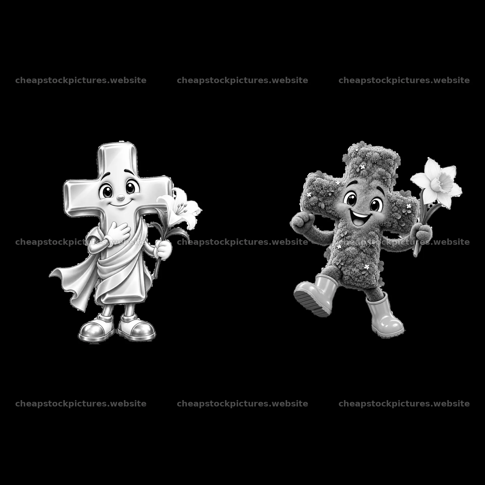 Easter cross characters holding flowers for spring celebration – stock pictures 7746x7746