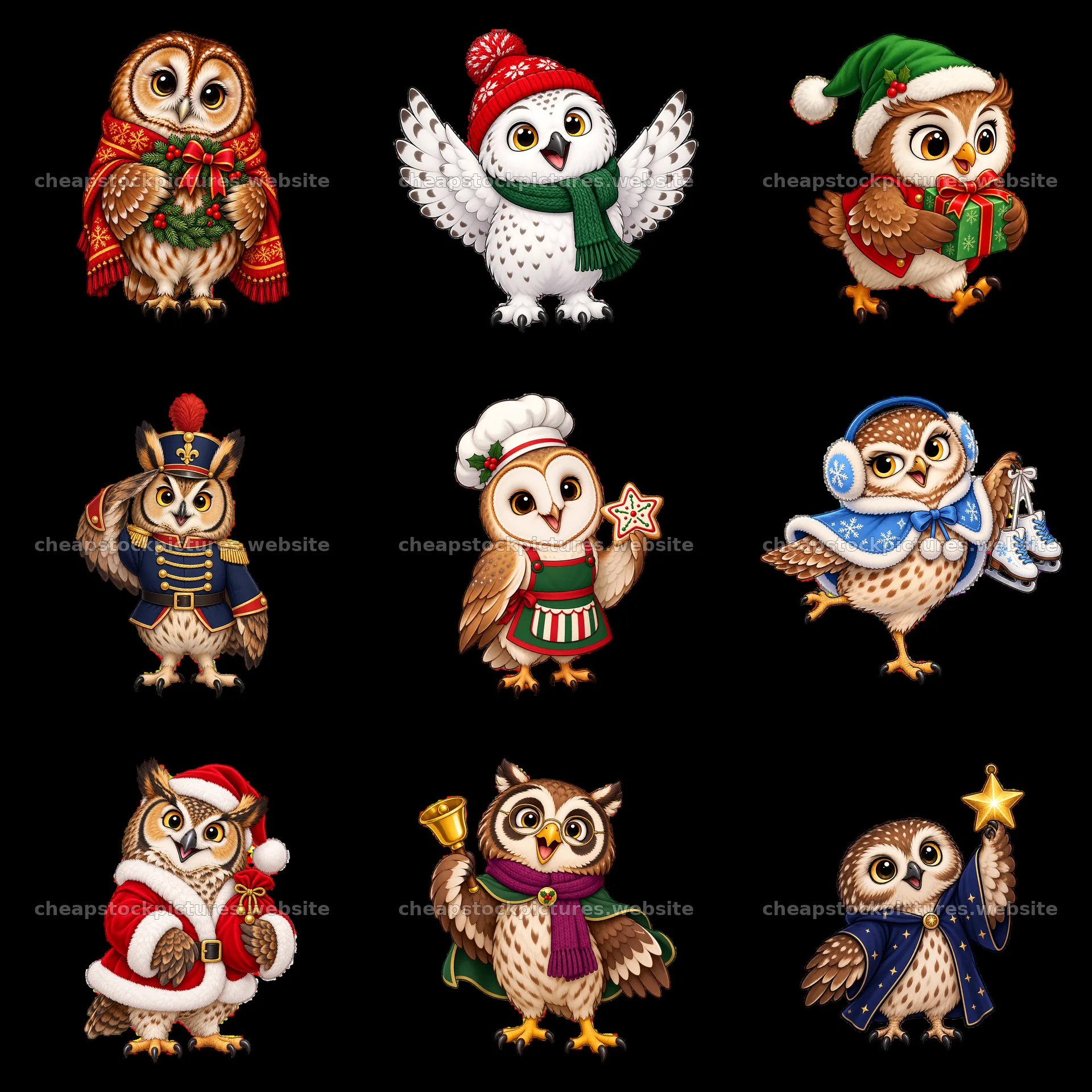 Christmas owls in festive outfits with accessories in a grid layout – stock pictures 7746x7746
