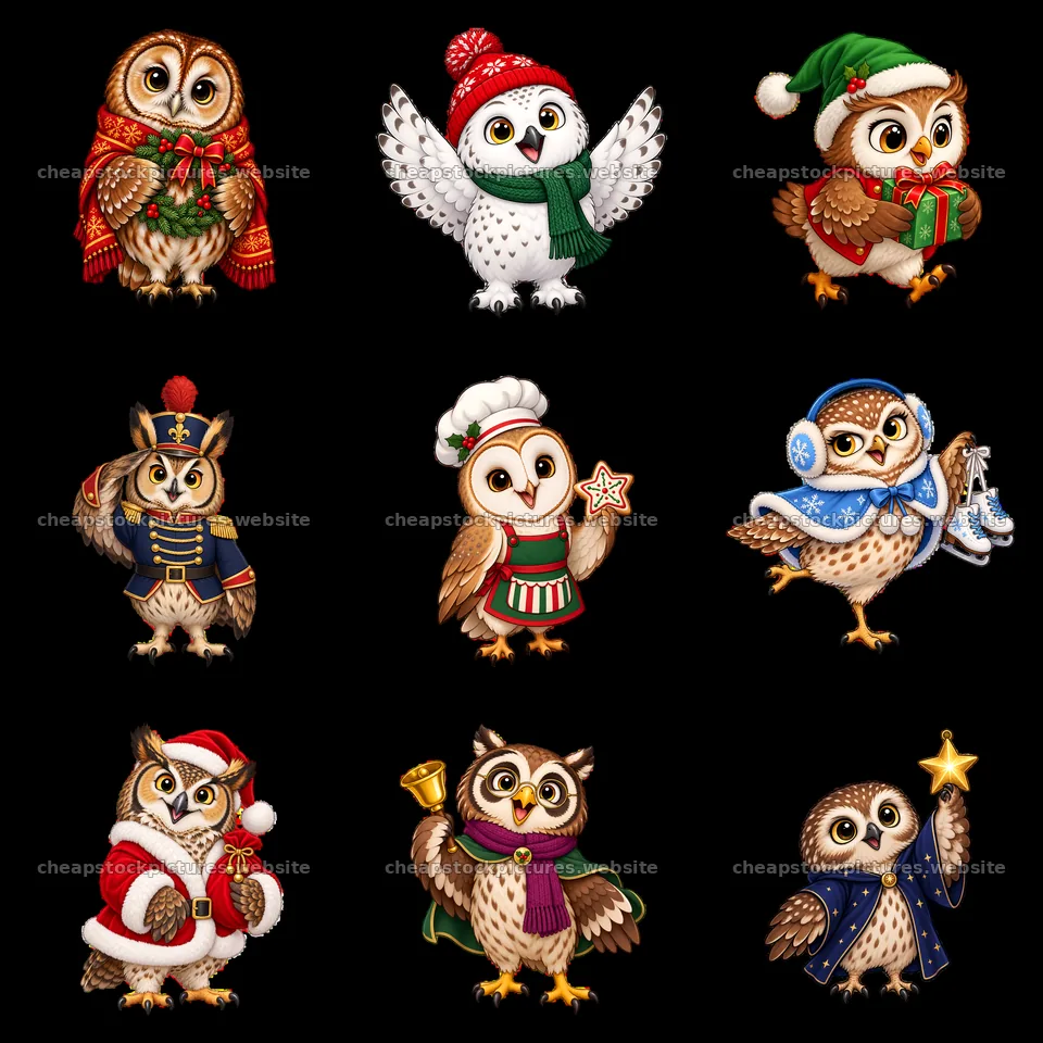Christmas owls in festive outfits with accessories in a grid layout – stock pictures 7746x7746