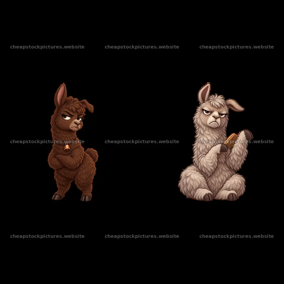 Grumpy llamas with annoyed expressions and snacks – stock pictures 7746x7746