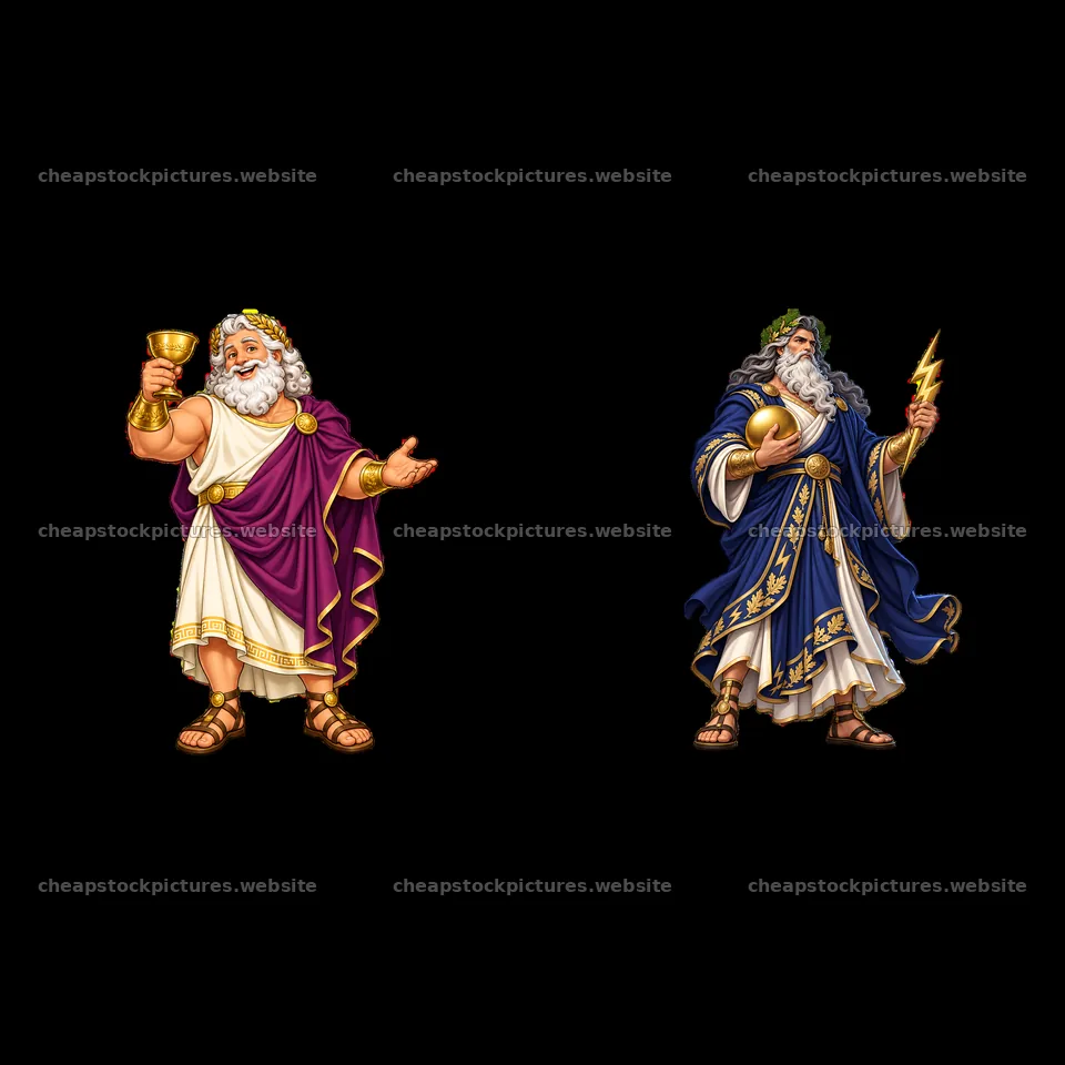 Zeus with goblet and lightning, cartoon sticker pair – stock pictures 7746x7746