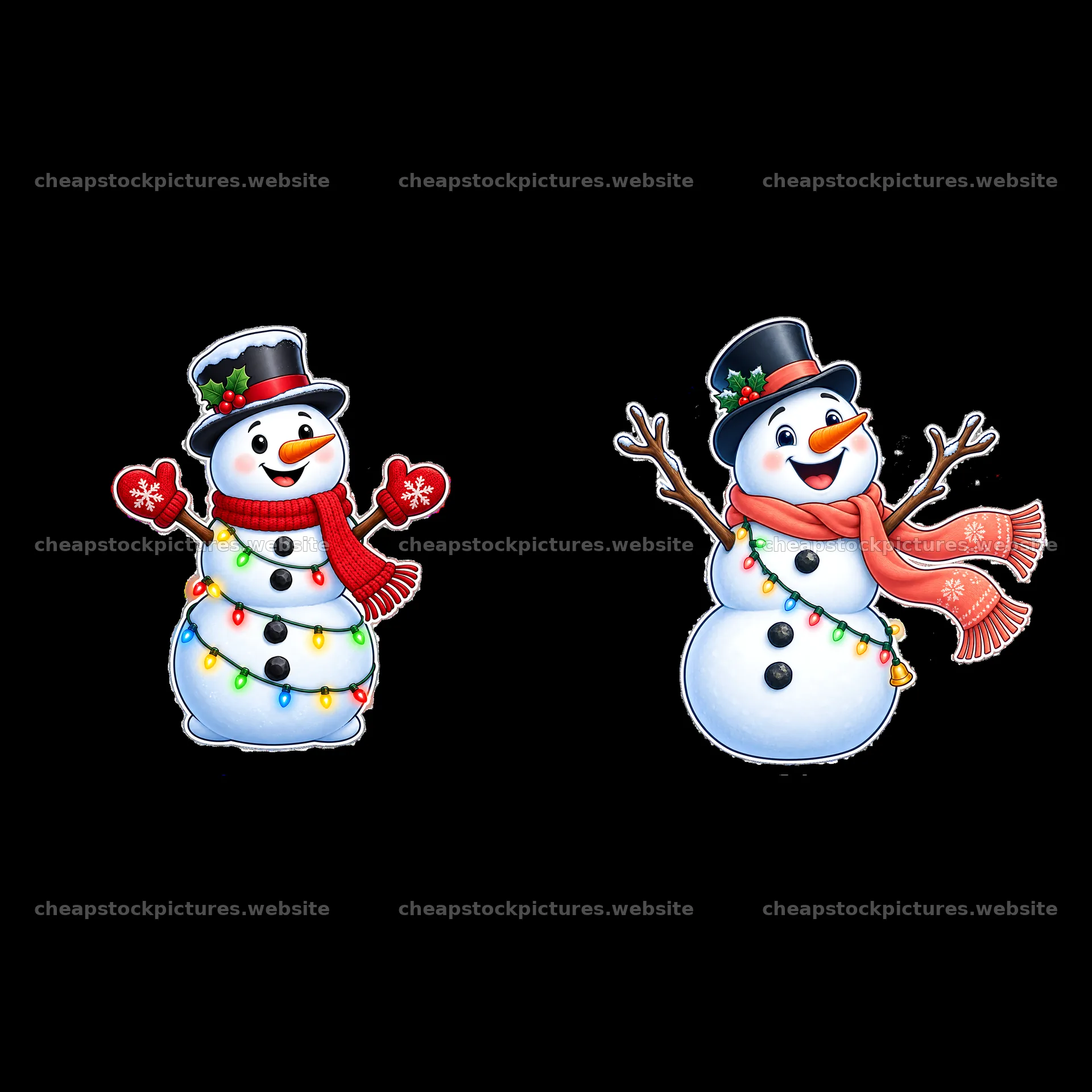 Snowmen with colorful string lights celebrating winter – stock pictures 7746x7746