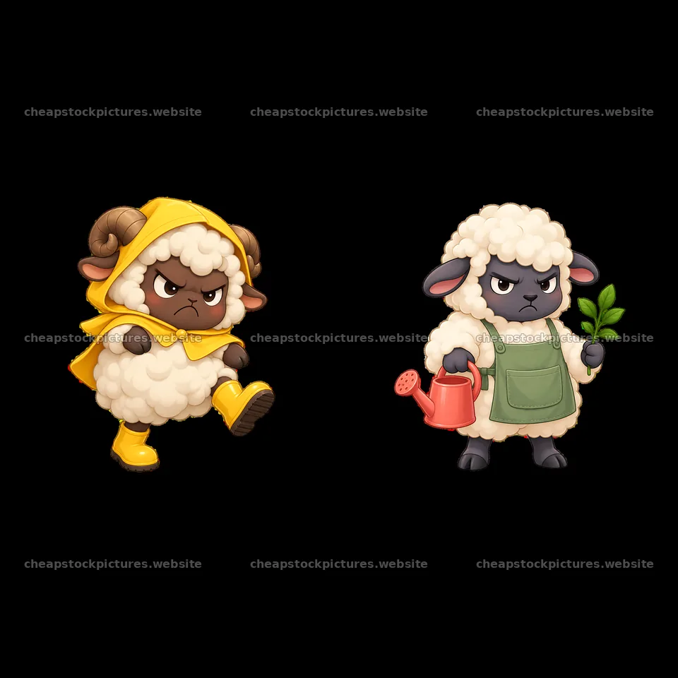 Kawaii grumpy sheep wearing yellow raincoat and gardening apron – stock pictures 7746x7746