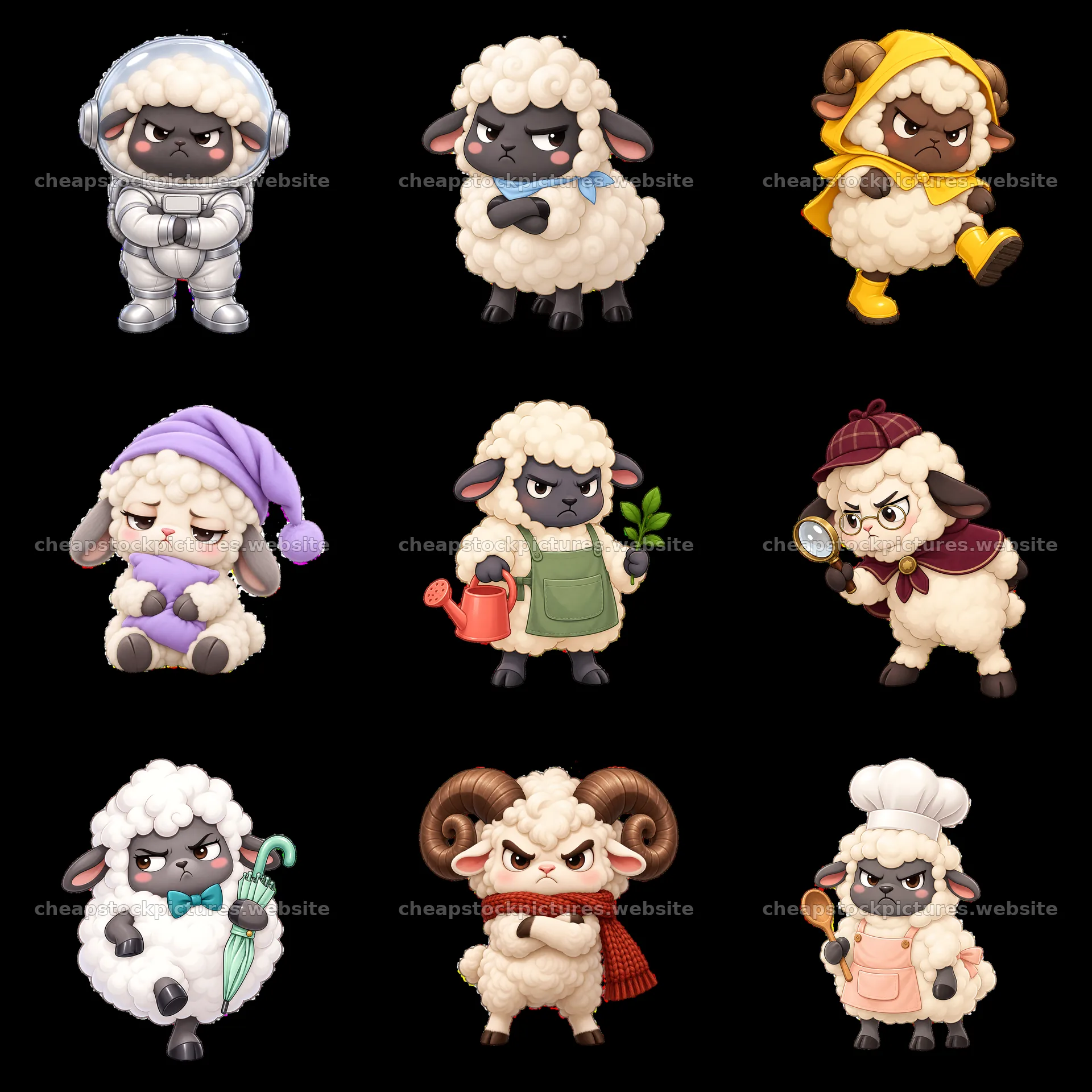 Kawaii grumpy sheep sticker characters in various costumes – stock pictures 7746x7746