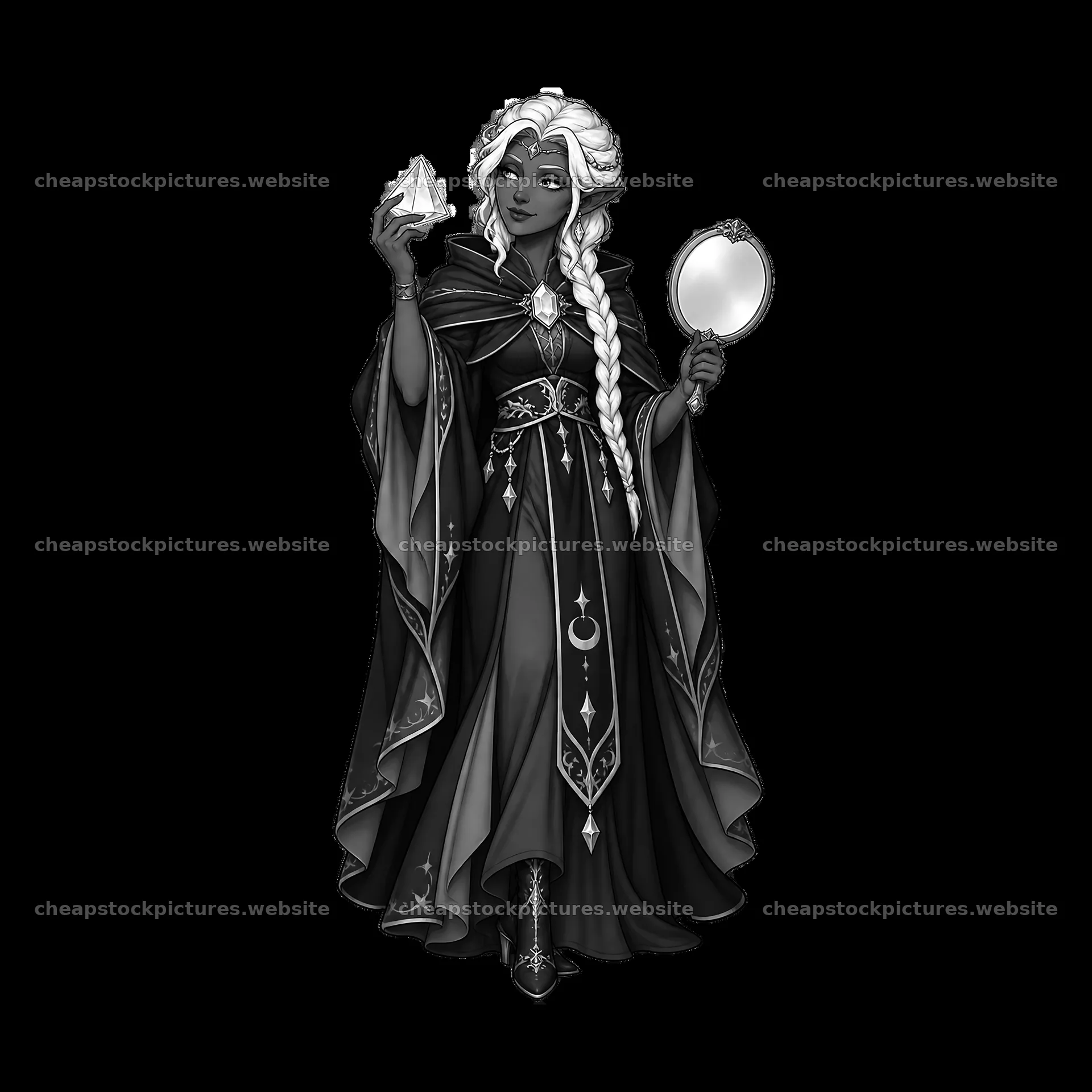 Pagan goddess holding a mirror and a crystal in black robe – stock pictures 7746x7746