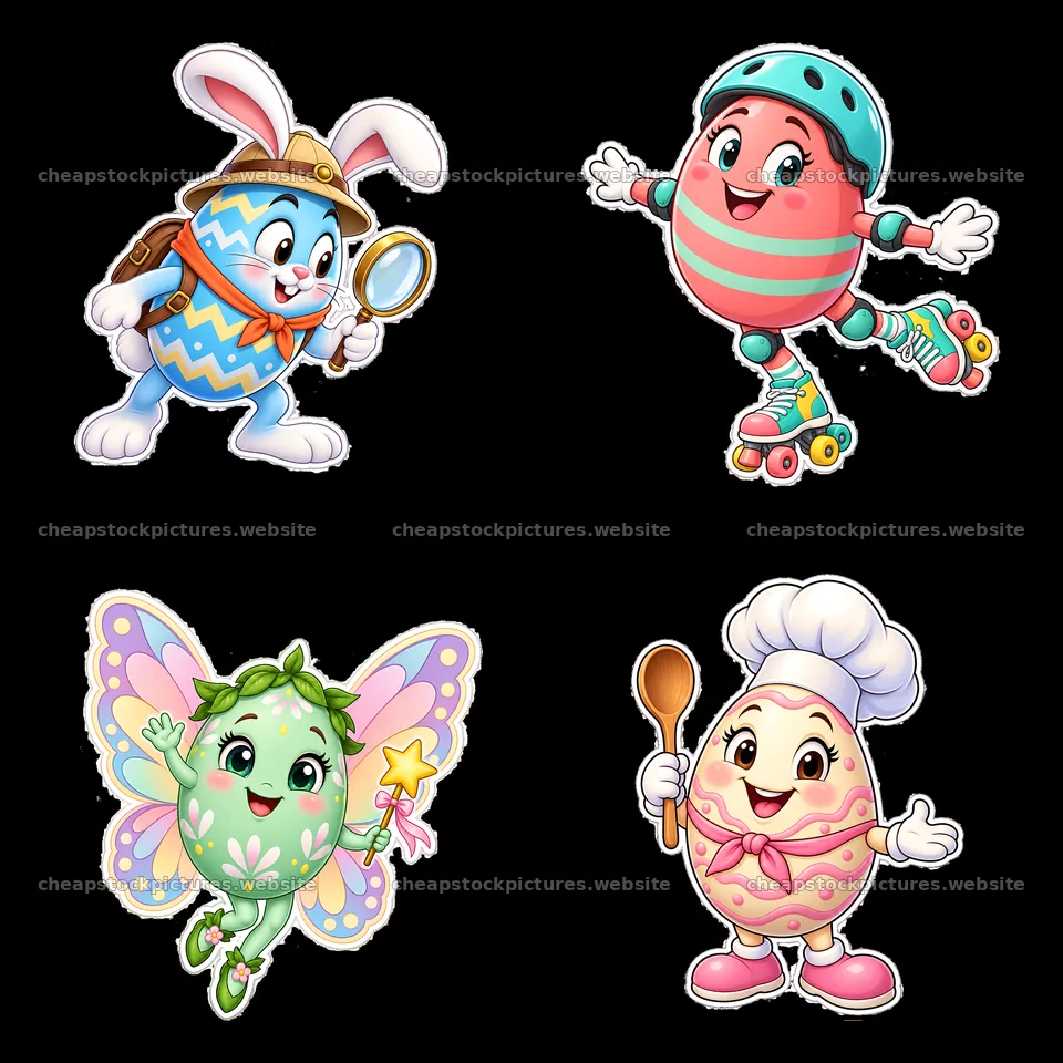 Easter-themed cartoon stickers with eggs, bunny, and characters – stock pictures 7746x7746