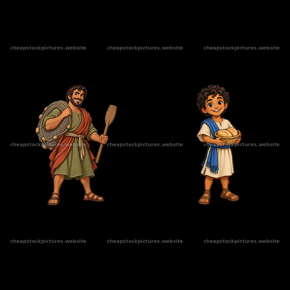 Two cartoon figures, a fisherman with a net and a boy holding bread – stock pictures 7746x7746