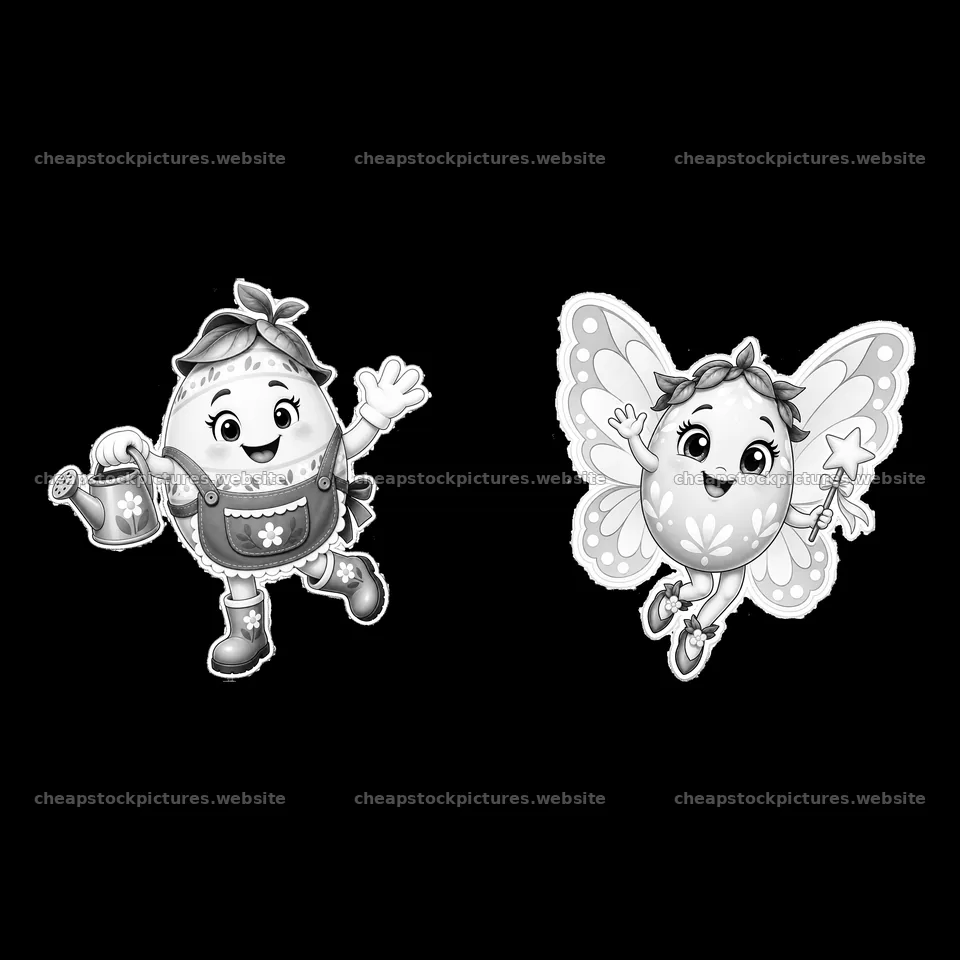 Happy Easter eggs with watering can and butterfly wings – stock pictures 7746x7746