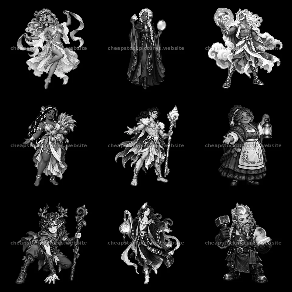 Pagan gods illustrated in black and white comic-style stickers – stock pictures 7746x7746