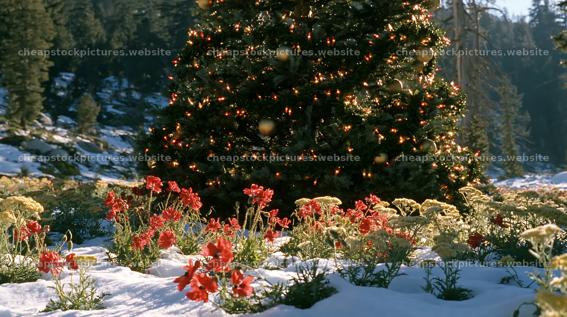 Christmas tree in mountain meadow after snowfall – stock pictures 10608x5938