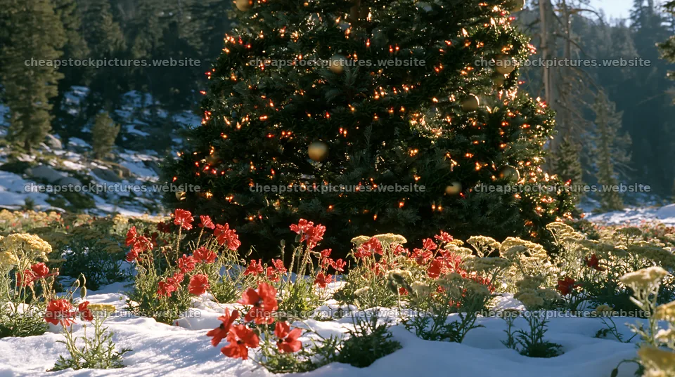 Christmas tree in mountain meadow after snowfall – stock pictures 10608x5938