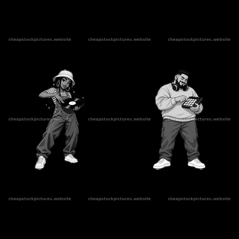Hip-hop artists performing with records and a tablet – stock pictures 7746x7746