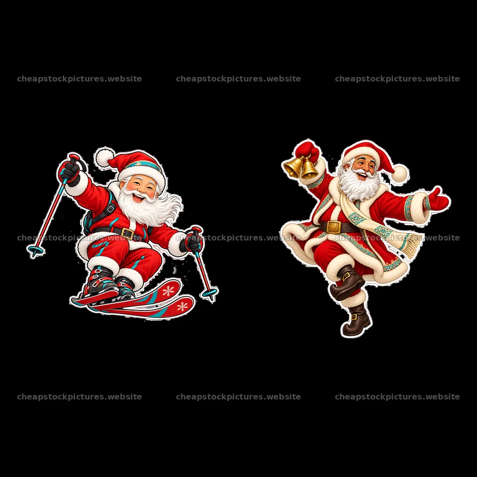 Santa Claus skiing and ringing a bell in festive winter scene – stock pictures 7746x7746