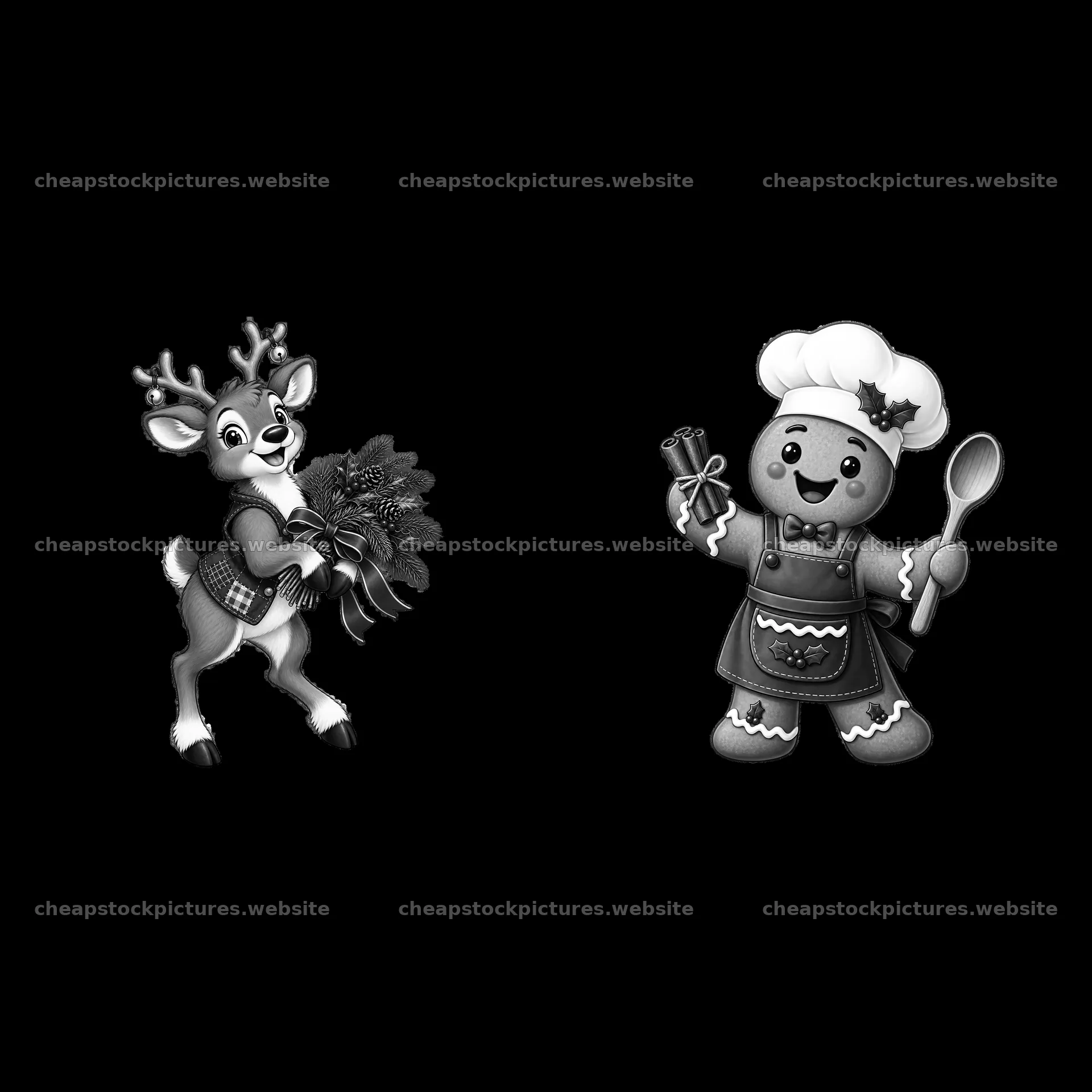 Reindeer with wreath and gingerbread man holding kitchen tools – stock pictures 7746x7746