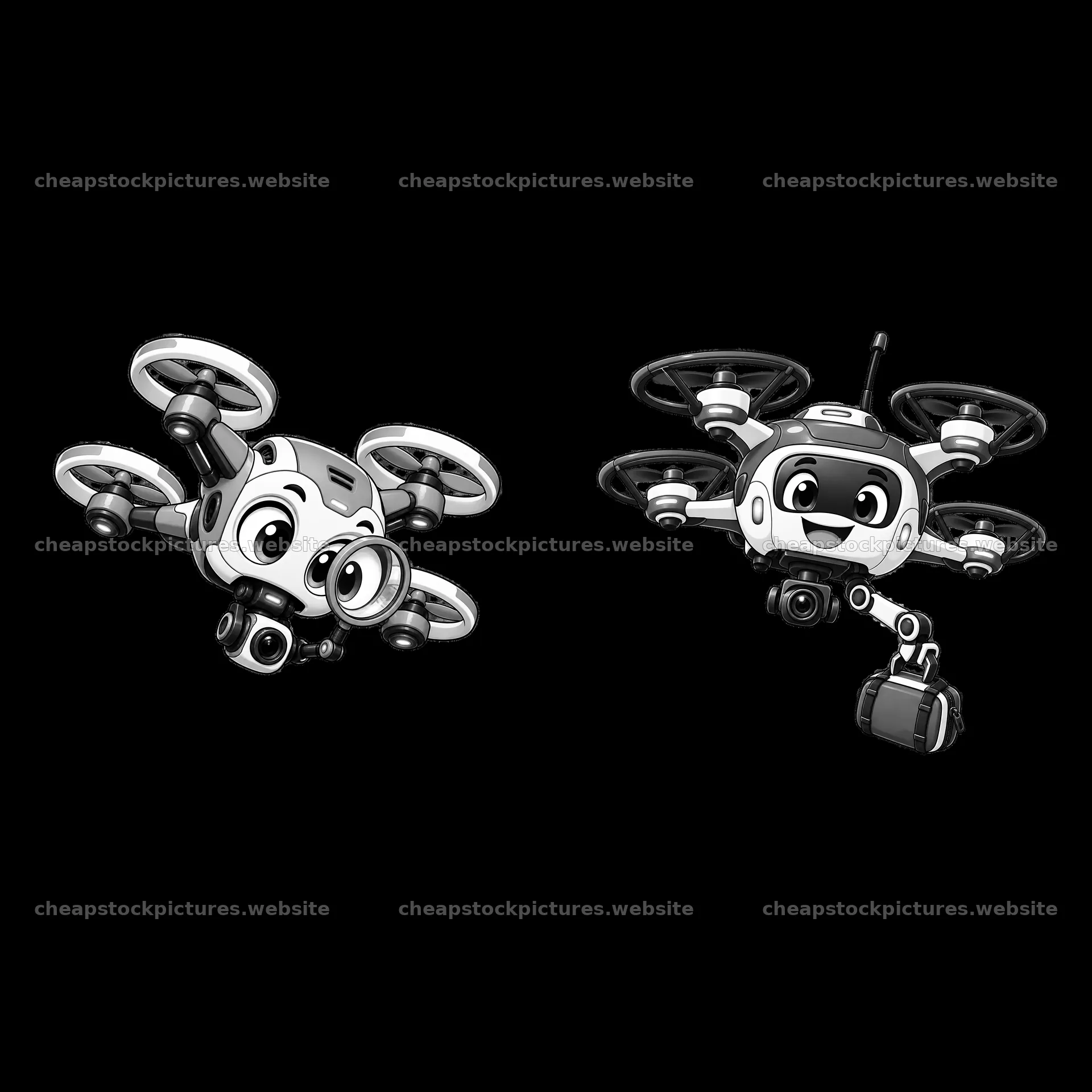 Cartoon drones with camera and accessories showing playful – stock pictures 7746x7746