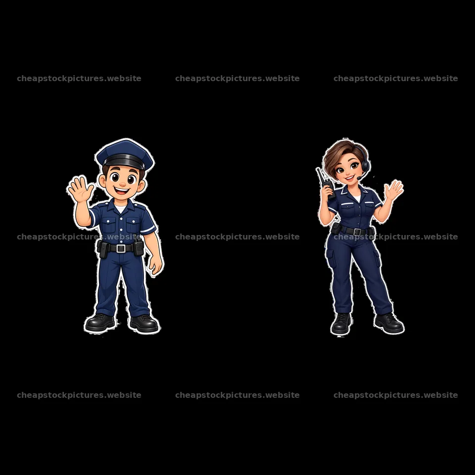 Police characters waving and communicating by radio – stock pictures 7746x7746