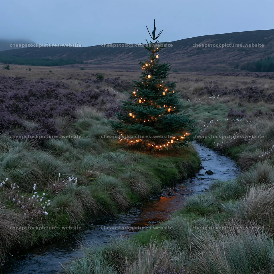 Christmas tree beside stream in meadow at dusk – stock pictures 7938x7938
