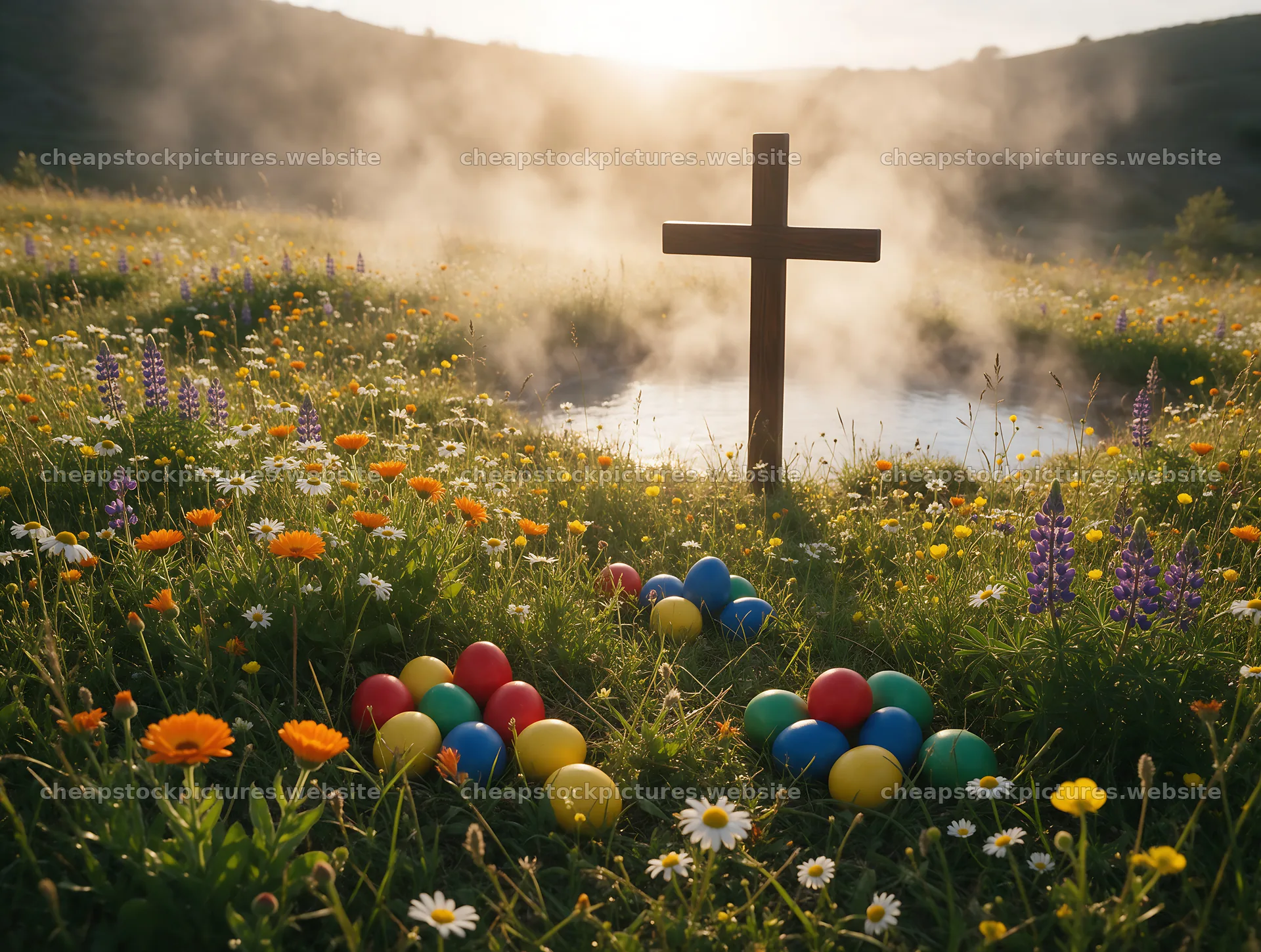 Wooden Christian cross in flower meadow near hot springs – stock pictures 9134x6898