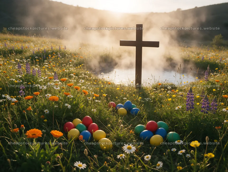 Wooden Christian cross in flower meadow near hot springs – stock pictures 9134x6898