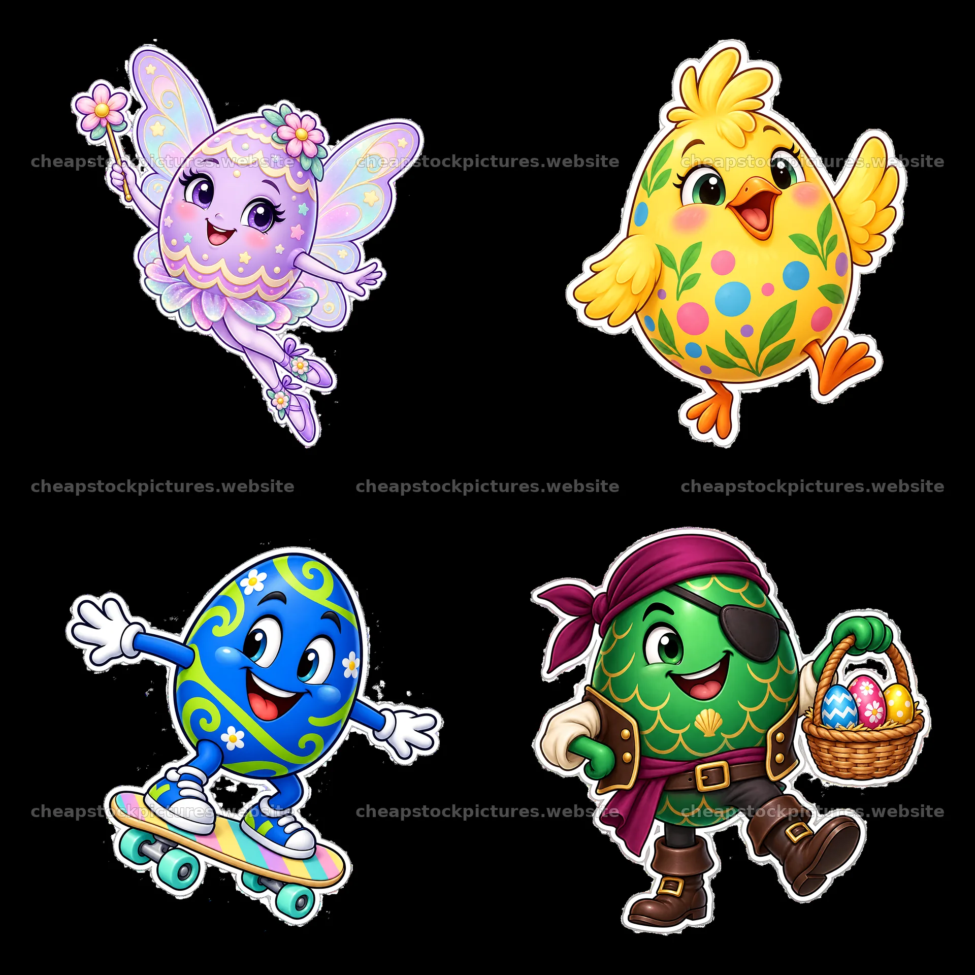 Colorful Easter characters with eggs and festive themes – stock pictures 7746x7746